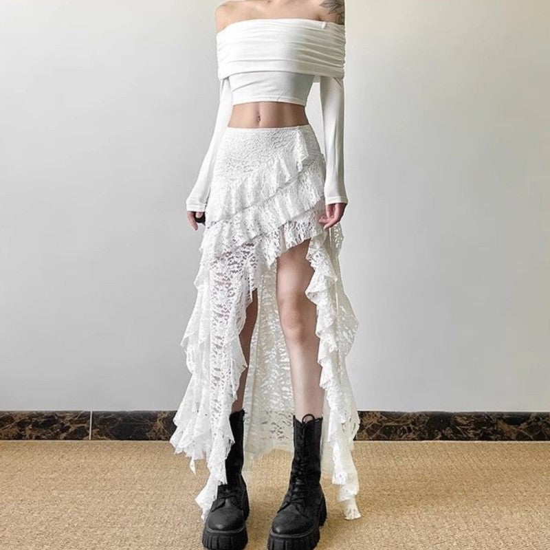 Gothic Skirt 2000s Summer Women's Clothes Gyaru Kpop Streetwear Lace High waist Casual Aesthetic Long Skrit Femme Hip hop Skirts