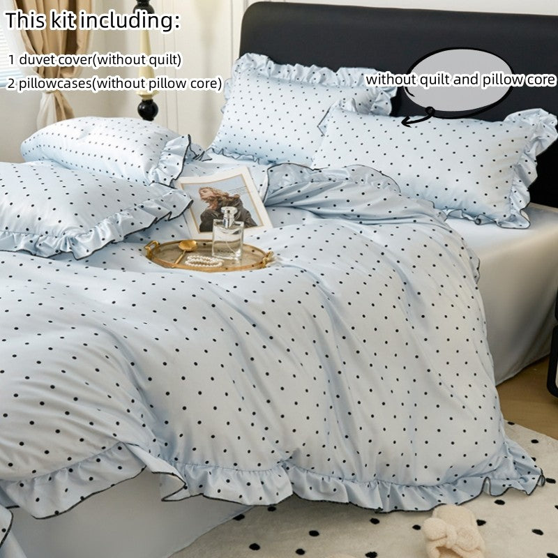 Conjunto de capa de edredom coreana de renda 3 peças (1*Capa de Edredom + 2*Fronhas, Sem enchimento), Conjunto de cama com estampa de bolinhas pretas