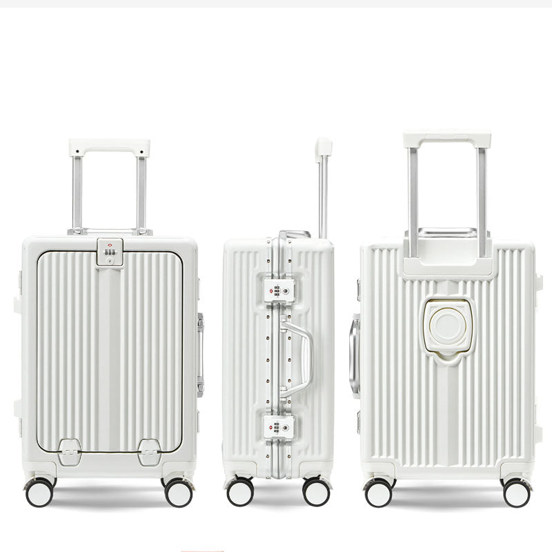 20/24 Inch Front Open Luggage Multifunctional Aluminum Frame Trolley Case with USB Cup Holder Large Boarding Box Suitcase