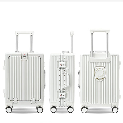 20/24 Inch Front Open Luggage Multifunctional Aluminum Frame Trolley Case with USB Cup Holder Large Boarding Box Suitcase