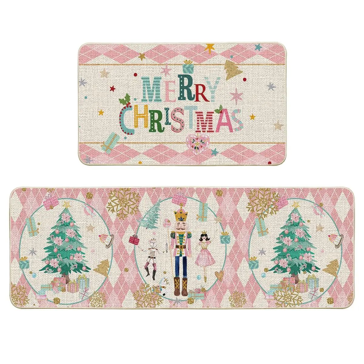 VIKAMA 2pcs Christmas Kitchen Rug - Nutcracker Christmas Happy Mat - Slip-Resistant And Easy To Clean - Home Decoration