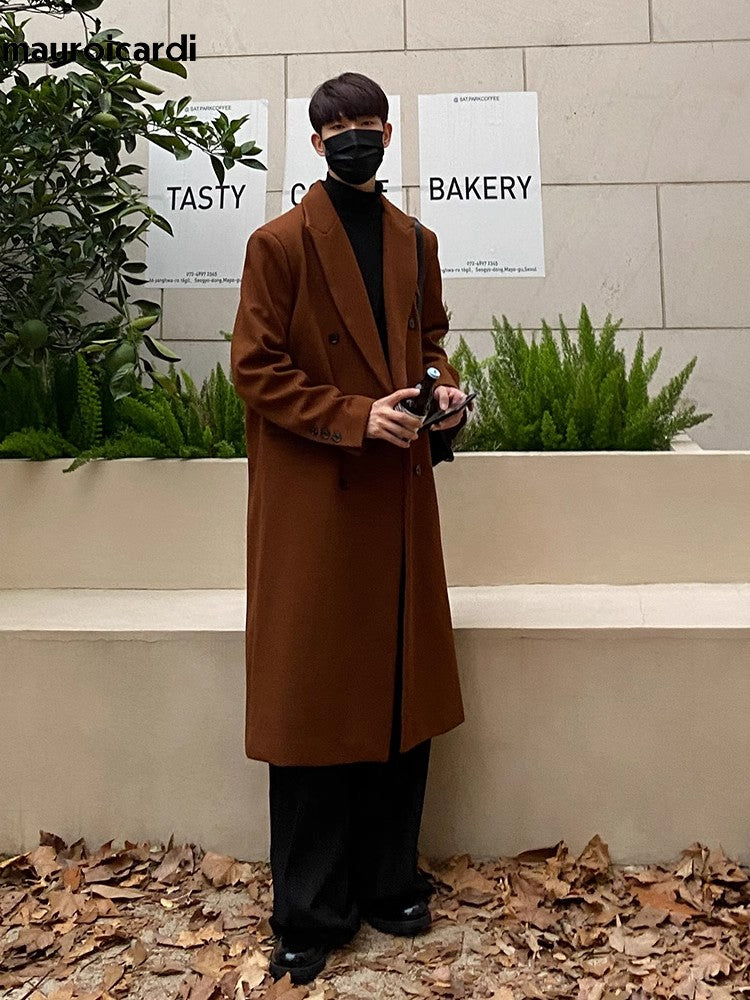 Mauroicardi Autumn Winter Long Warm Coffee Black Soft Woolen Coat Men Double Breasted Loose Casual Wool Blends Overcoat 2023