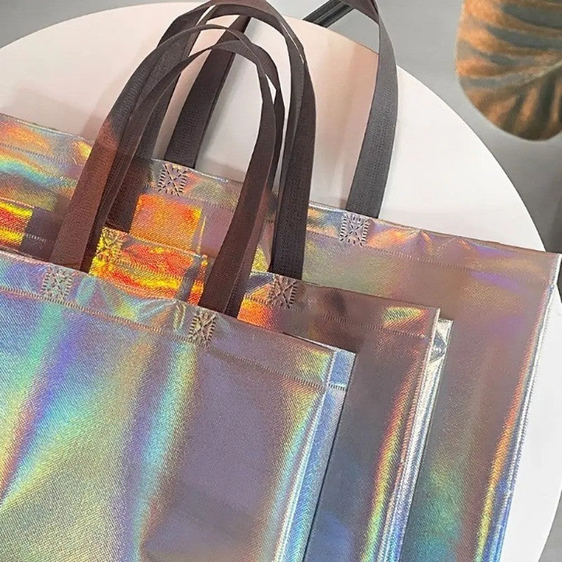 10Pcs Reusable Silver Laser Tote Bag Durable Non Woven Gift Shopping Bag for Wedding Bridesmaid Party Birthday Eco Friendly