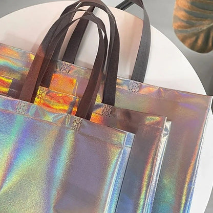 10Pcs Reusable Silver Laser Tote Bag Durable Non Woven Gift Shopping Bag for Wedding Bridesmaid Party Birthday Eco Friendly