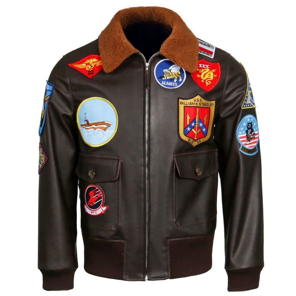 Aviator Pilot PU Leather Jacket Top Gun Men's Maverick Brown Winter Jacket Air Force Collar Coat Halloween Cosplay Outfits