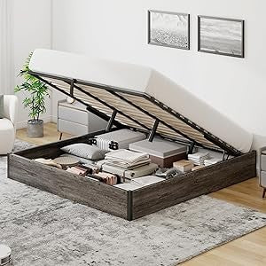 Queen Size Lift Up Storage Platform Bed Frame, Metal Bed Frame with Wooden Slats Support, No Box Spring Needed, Large Storage Sp