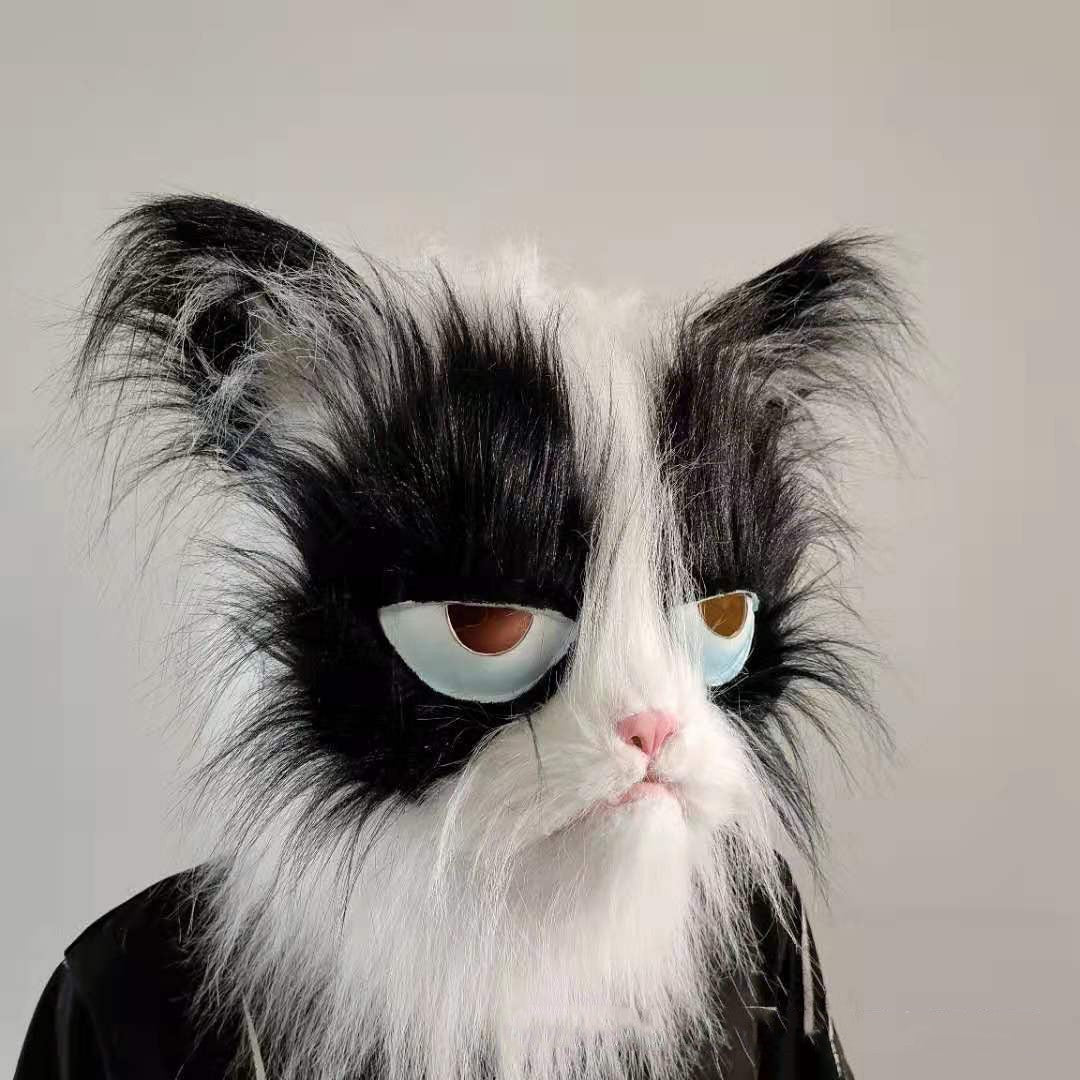 Latex with Fur Black Cat Cosplay Mask Scary Helmet Animal Funny Costume Hood Hair Mask Headwear Adult Halloween Party Props