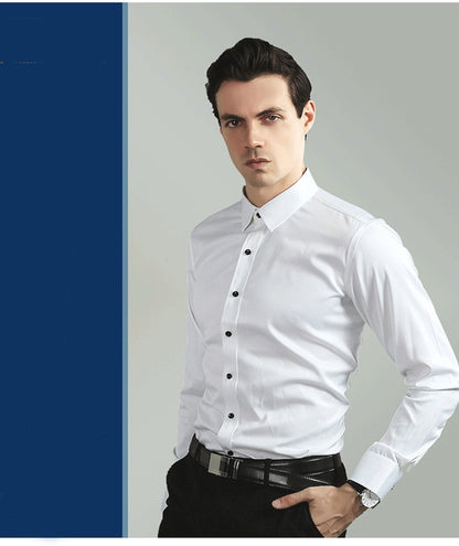 Plus Size 7XL 6XL High Elasticity Seamless Spandex Shirt Men Long Sleeve Slim Fit Casual Solid Color Social Formal Dress Shirts