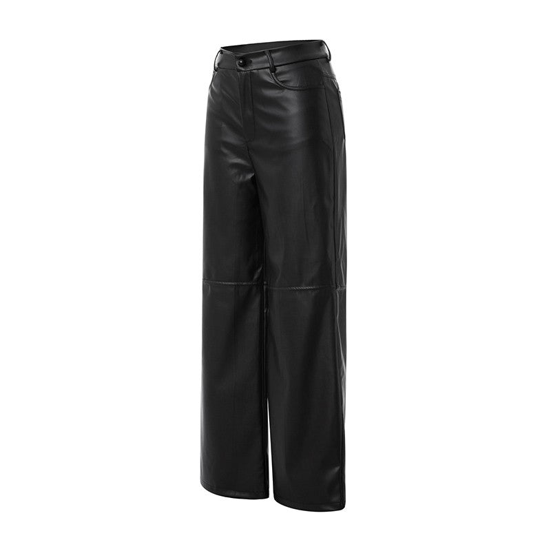 Leather Pants For Women High Waist Straight Slimming Side Pockets Solid Color Casual Party Spring Fall Trousers
