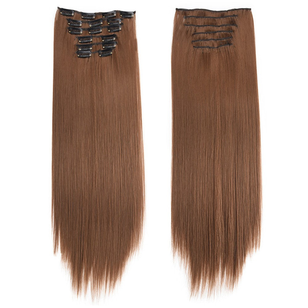 16 Presilhas em Extensões de Cabelo 60cm de Comprimento Liso Sintético Loiro Preto Peças de Cabelo Resistente ao Calor Cabelo Falso 6 Peças/Conjunto