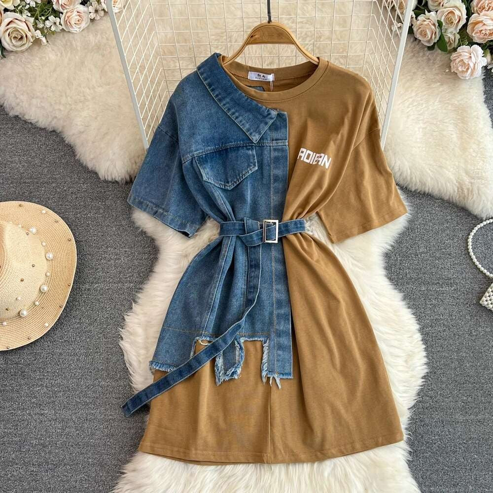 XFPV Women's Sweet high Waist Wrap Belt Round Neck patchwork Denim Shirt  Chic Top Y2k Korean Fashion Spring Summer 2025 SM11327