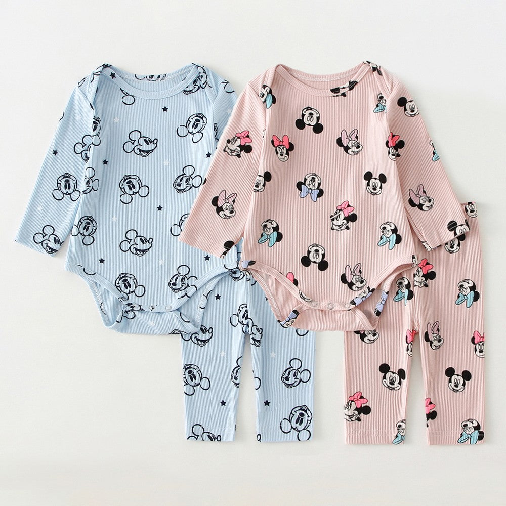 2Pcs Baby Mickey Minnie Clothes Suits Spring Autumn Cotton Long Sleeved Romper + Pant Newborn Boy Girl Clothing