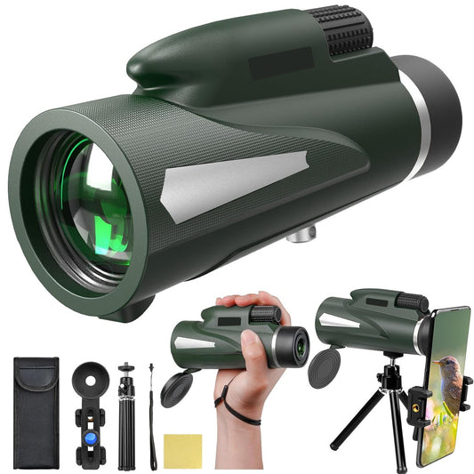 10X monocular telescope, paired with a phone tripod and fixture, used for outdoor bird watching, hiking, camping, traveling, lea
