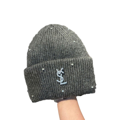 Rhinestone Decor Rabbit Fur Knitted Hat Warm Ear Flap Beanie for Women Luxury Soft Slouchy Cap Face Slimming Design