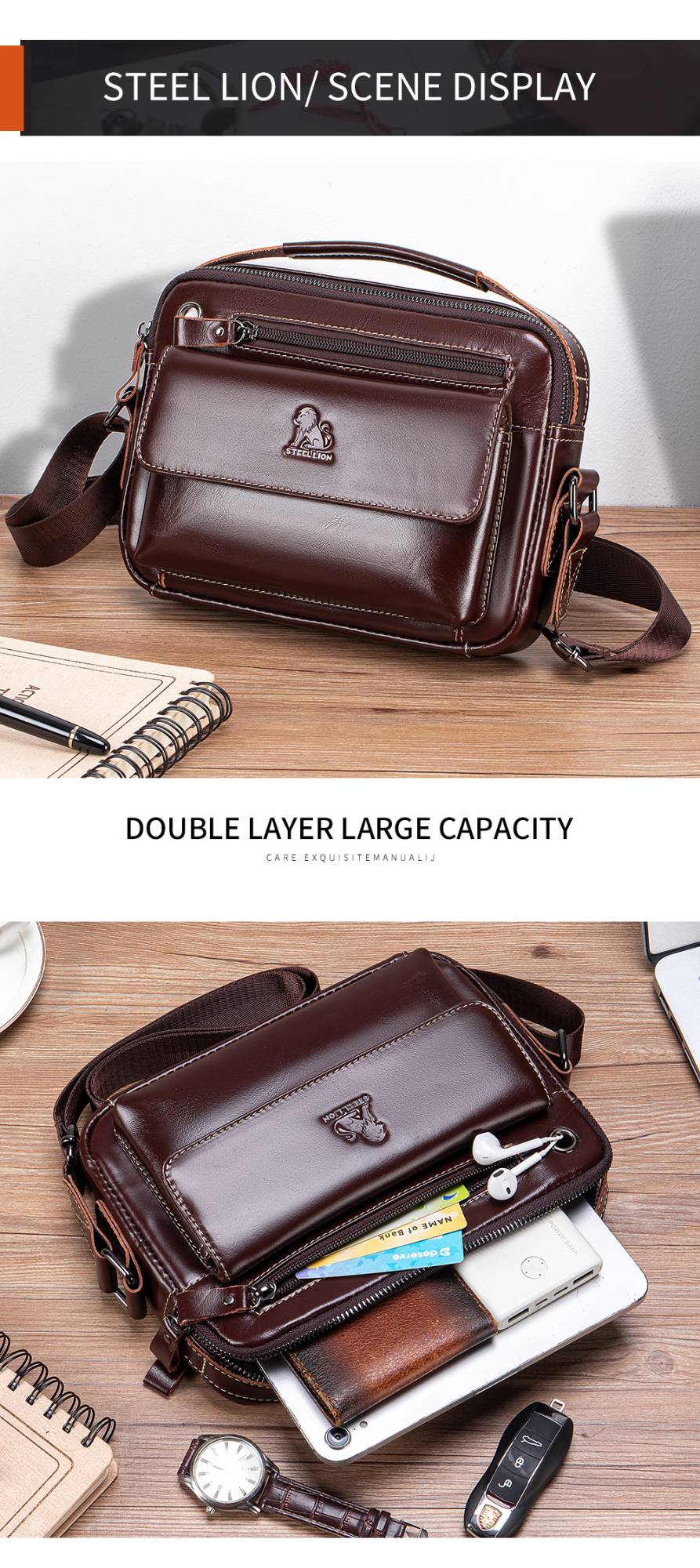 STEEL LION top layer cowhide men's single shoulder diagonal cross bag casual sports horizontal mobile phone bag genuine leather
