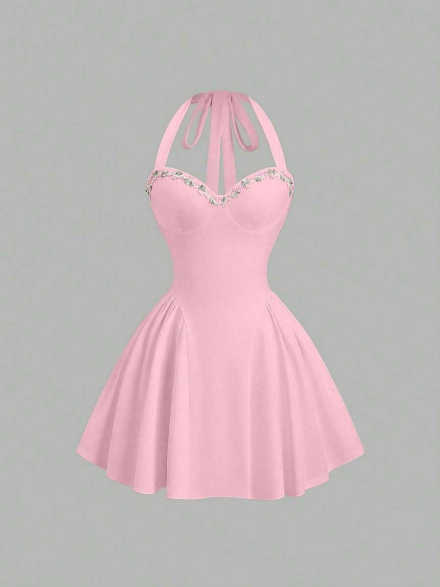 Women Summer Sweet Pink Knittd Mini Suspender Dress Sleeveless Heart Neck Waist Cinching Pleated A-Line Fashion Elegant Dress