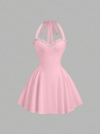 Women Summer Sweet Pink Knittd Mini Suspender Dress Sleeveless Heart Neck Waist Cinching Pleated A-Line Fashion Elegant Dress