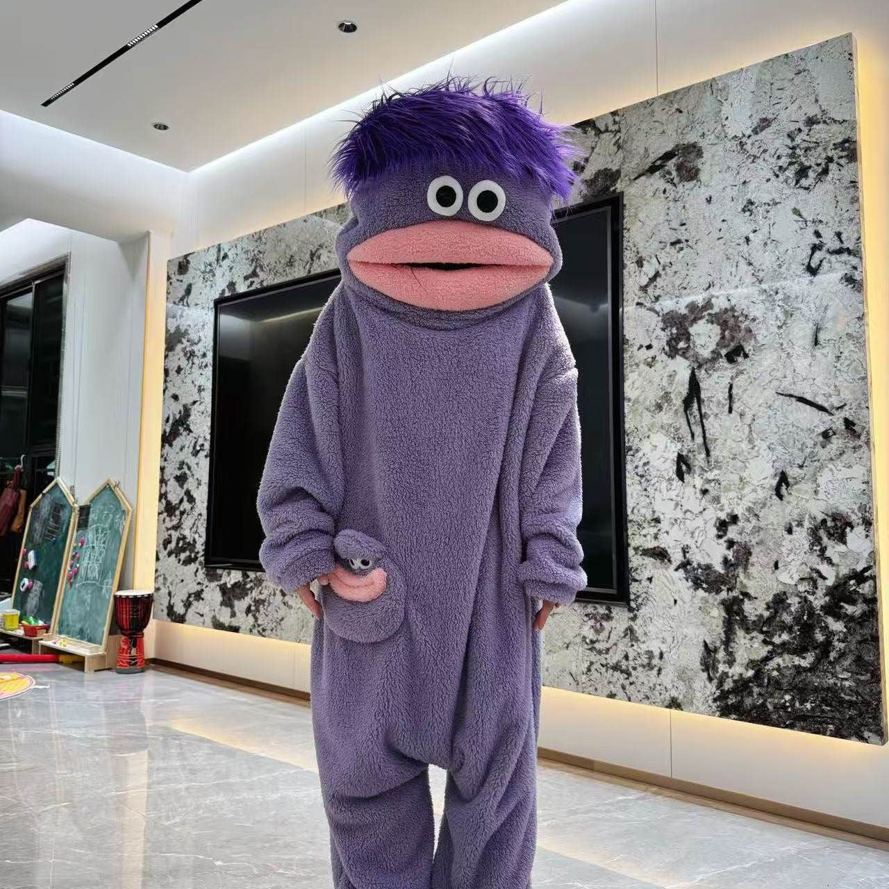 Funny Big Mouth Monster Onesie Pajamas Fluffy Coral Fleece Hooded Loungewear with Pocket Cartoon Party Costume
