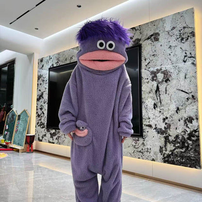 Funny Big Mouth Monster Onesie Pajamas Fluffy Coral Fleece Hooded Loungewear with Pocket Cartoon Party Costume