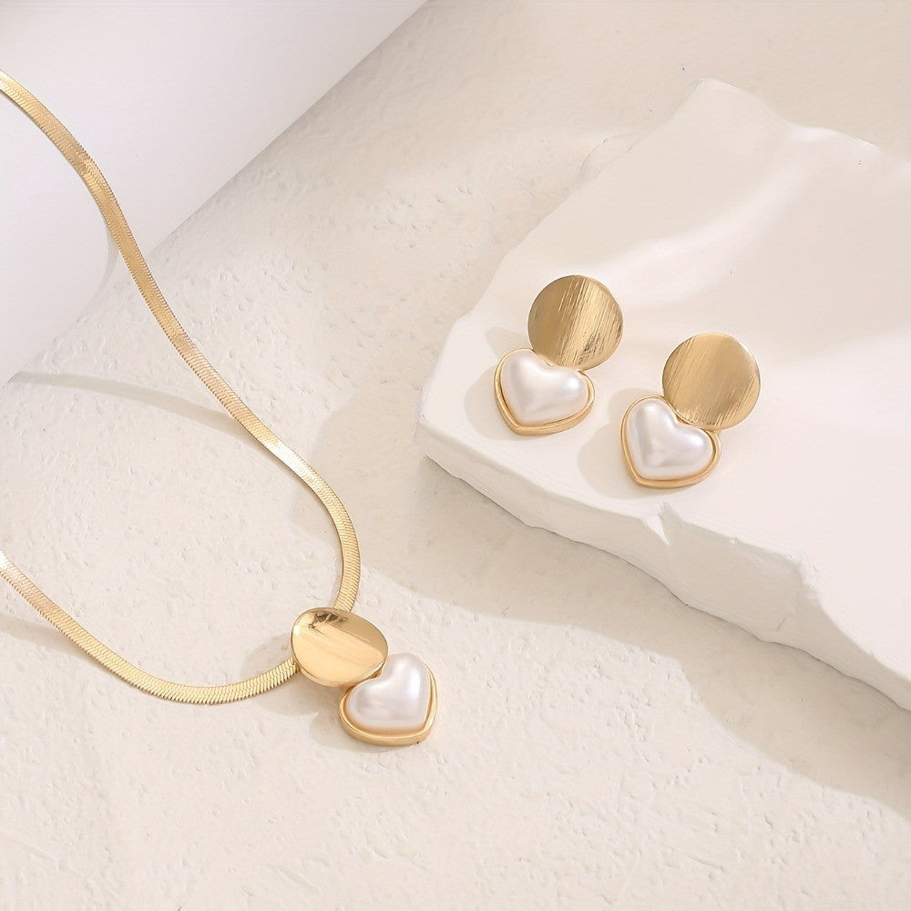 2pcs Set Minimalist Creative Gold Color Circular Heart-shaped Pendant Snake Bone Chain Necklace Earrings for Women Jewelry Sets