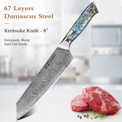 Faca de Cozinha TURWHO Japonesa de Aço Damasco de 67 Camadas com Cabo de Abalone Afiada Faca Santoku para Pão Bife Faca de Chef Ferramentas de Corte para Cozinha