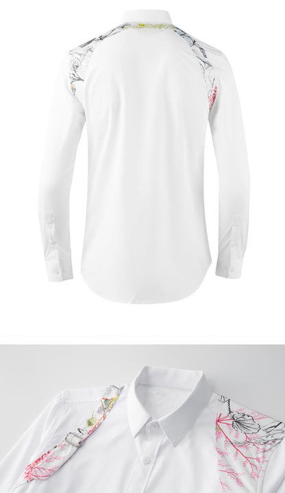 Fashion Shoulder Strap Splicing Long Sleeved Men's Shirt Cargo Casual Daily Shirts Slim Fit Cotton Business Party Social Tops