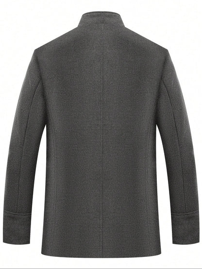 Men's Woolen Overcoat Long Sleeve Solid Casual Jacket with Pockets, Comfortable Daily Wear, Business & Sports Fashion