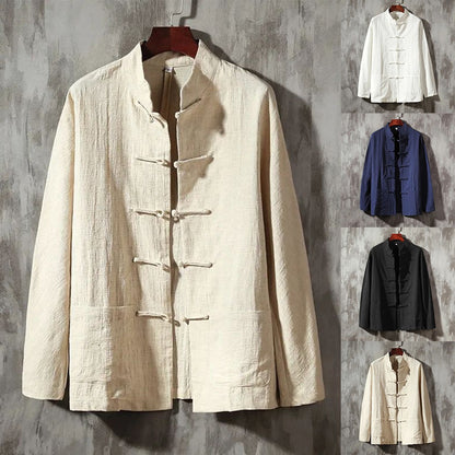 Casual Men's Chinese Style Linen Shirts Stand Collar Traditional Kung Fu Tai Chi Shirt Coat Tang Suit Uniform Jacket Men Clothes