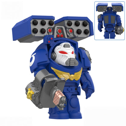 Medieval Knights War 10cm Poseable Collectible 40K Figure - Blue-Gold Armor Skull Face Design