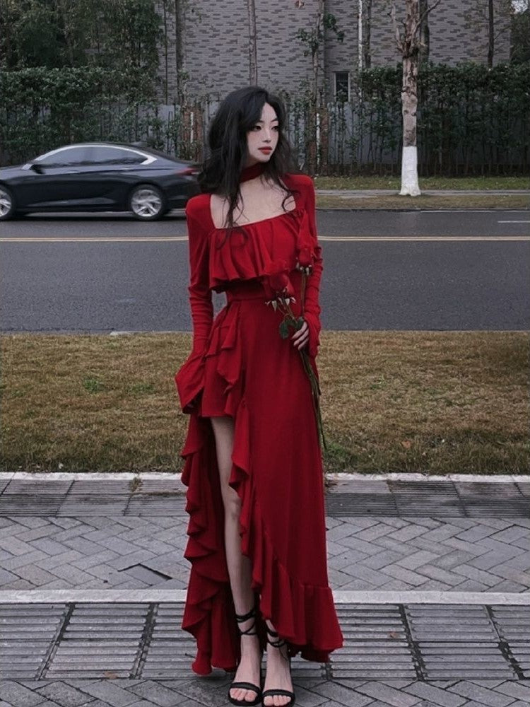 2025 Spring Women Elegant Long Slevee Midi Dress Female Red Square Collar Ruffle Party Dress Christmas Irregular Prom Dress