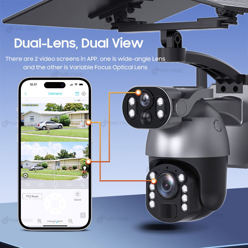 50XZOOM Solar Camera 4G SIM/WiFi Dual Lens Outdoor Security Camera with Night Vision,Waterproof Wireless Surveillance for Garden