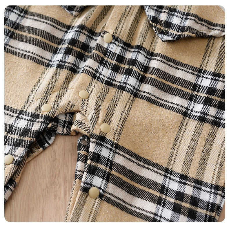 Newborn Baby Boy Clothes white baby onesie with khaki check print One-piece Vest gentleman's spring and autumn pajamas