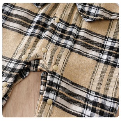 Newborn Baby Boy Clothes white baby onesie with khaki check print One-piece Vest gentleman's spring and autumn pajamas