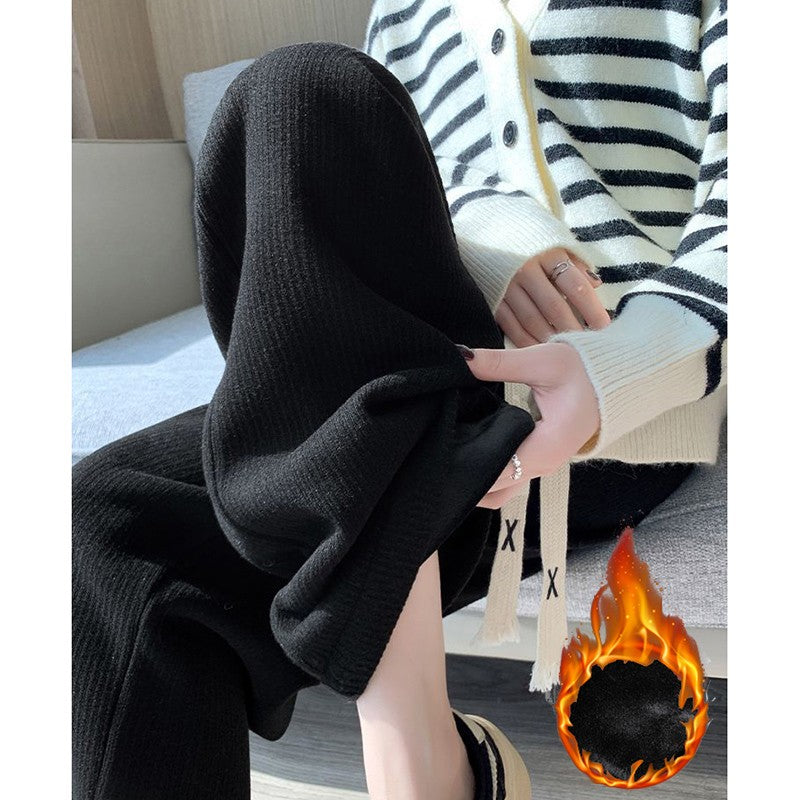 Winter Lady High Waisted Fleece Pants Girls Warm Thermal Straight Leg Trousers Female Classic Solid Drawstring Pants