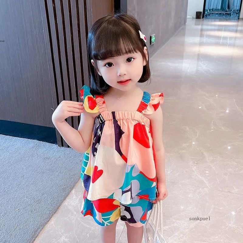 Baby Girls Clothing Sets Summer Suspender Top Color Matching Floral Vest + Children'S Casual Pants Little Kids Clothes Suit