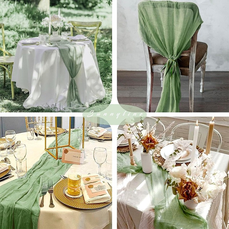 90*180CM 1Pcs Green Cheesecloth Table Long Runner Bohemian Gauze Tablecloth Decoration for Wedding Party Banquet Bride Shower