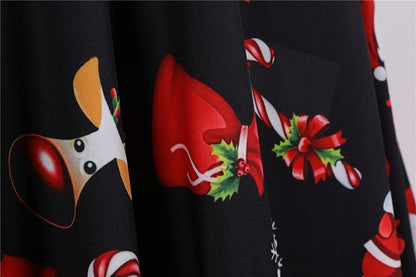 Fashion V-neck Short Sleeve Printed Christmas Dress Large Swing Vintage Elegant Xmas Party Dress