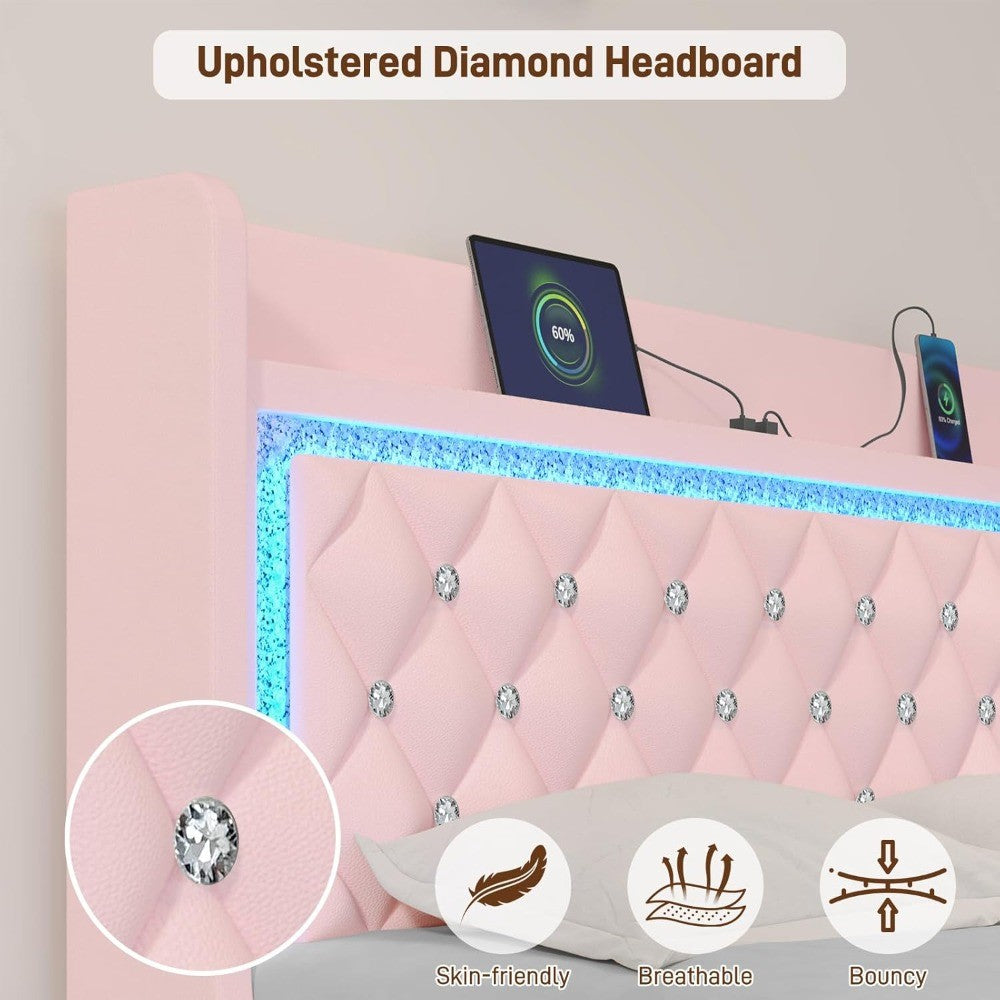 Estrutura de Cama Queen Flutuante com Luz LED, Cama Queen Estofada Plataforma com Estação de Carregamento e Encosto de Asa, Armazenamento Acolchoado com Diamantes