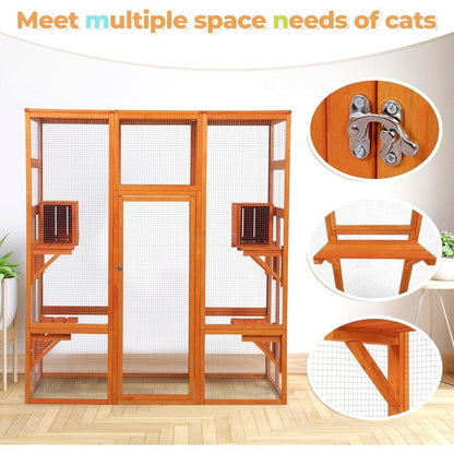 Orange Large Indoor Cat Condo with Perch, Play Area, 7 Platforms, 2 Boxes, Waterproof Roof, Safety Lock, 62.4L x 32.4W x 70H