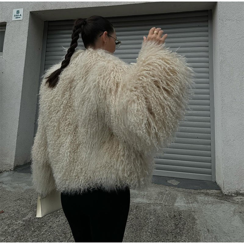 Solid Fashion Fake Fur Coat Women Chic Fluffy Warm Long Sleeve Loose Short Jacket Luxury 2025 Winter Lady Daily Street Outerwear