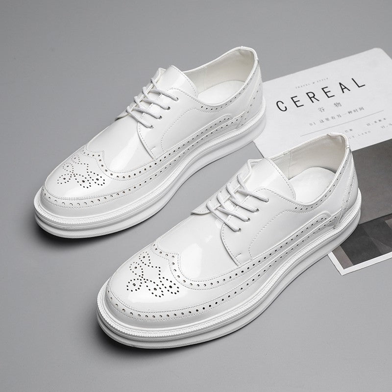 Fashion Derby Leather Men Shoes White Brogue Lace Up Solid Simple Dress Business Casual Party Wedding Flat Shoes For Man