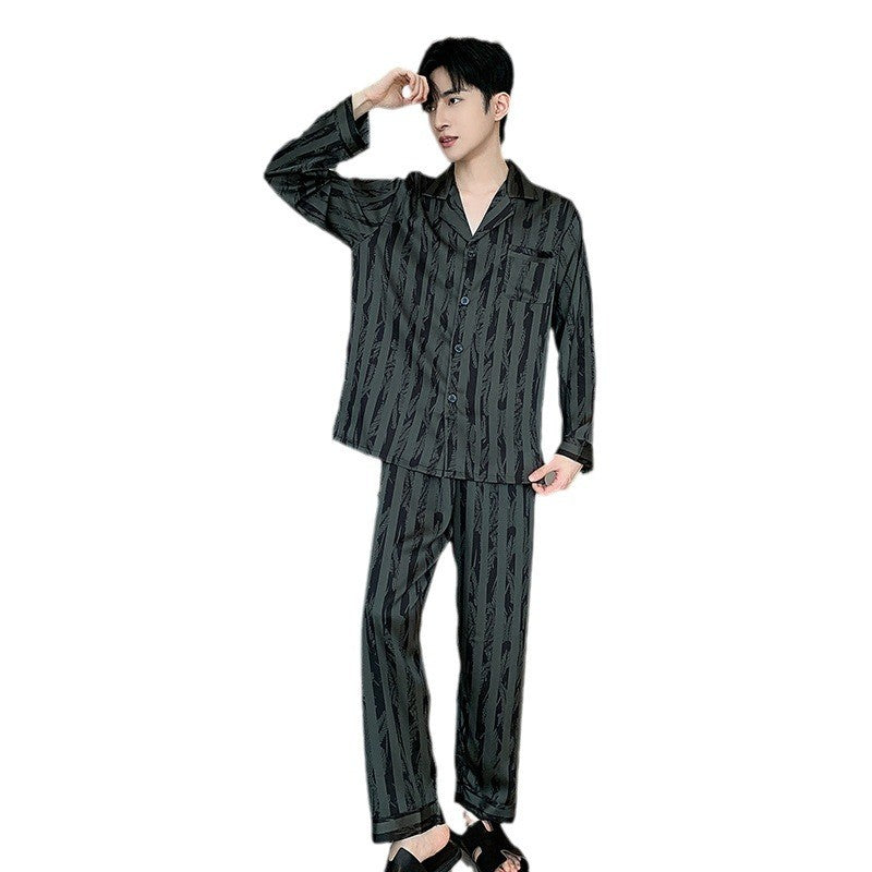 Large Size Ice Silk Men's Sleepwear 2025 New High-End V-Neck Thin Long Sleeved Two-Piece Set for Home Wear Youth Nightwear