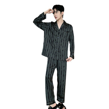 Large Size Ice Silk Men's Sleepwear 2025 New High-End V-Neck Thin Long Sleeved Two-Piece Set for Home Wear Youth Nightwear