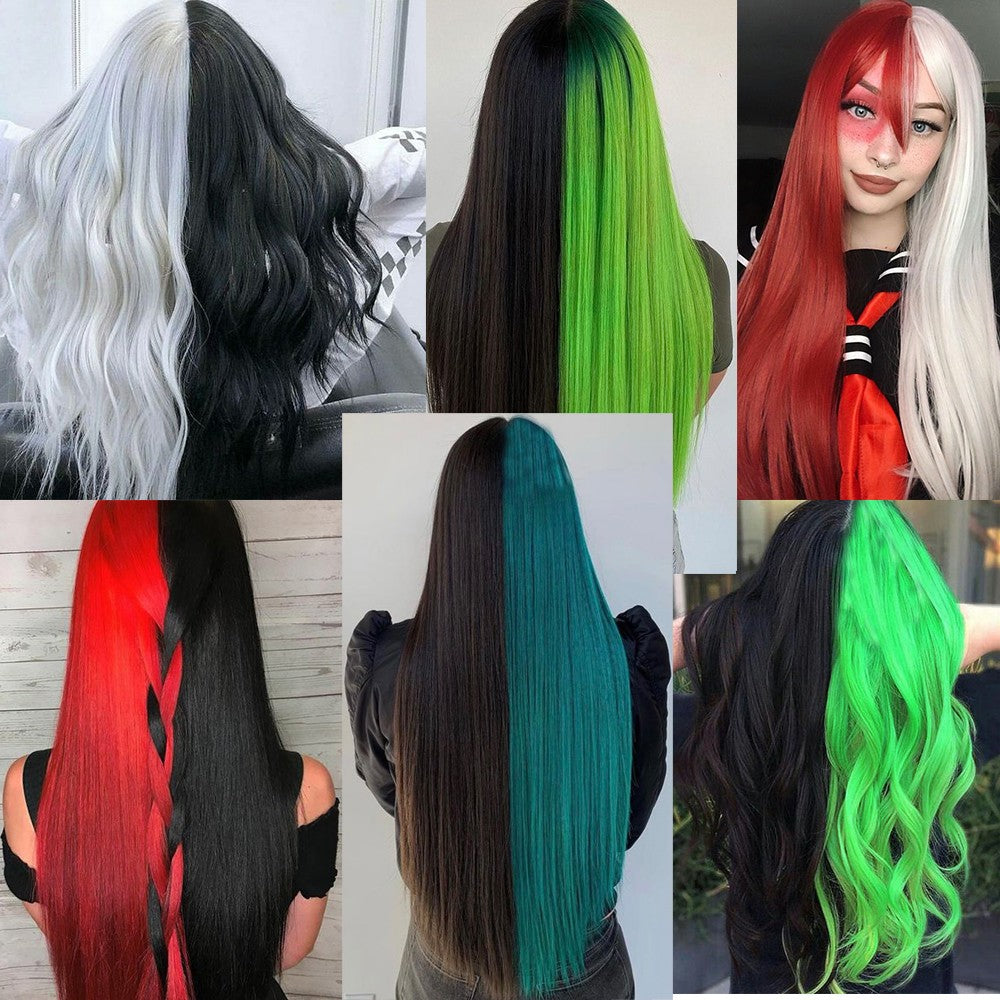 Green And Black Lolita Cosplay Wig Straight Wigs With Bangs Synthetic Heat Resistant Two Tone Wigs Black & Pink Split Color Wig