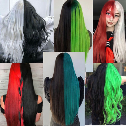 Green And Black Lolita Cosplay Wig Straight Wigs With Bangs Synthetic Heat Resistant Two Tone Wigs Black & Pink Split Color Wig