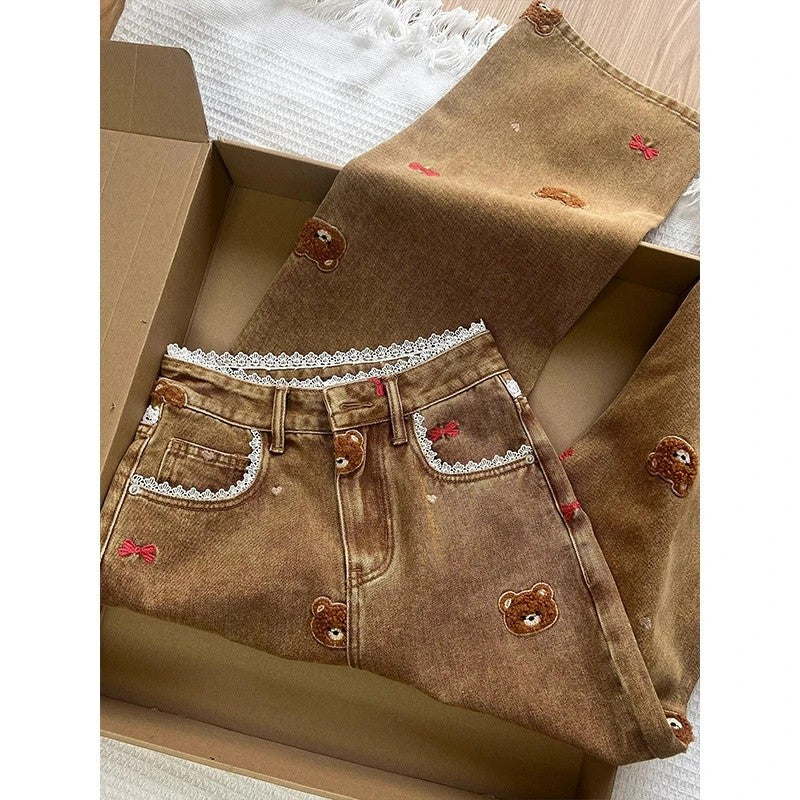 Lace Teddy Bear Embroidered Patchwork Design Wide leg Jeans 2025 Spring New High Waisted fit Slimming Casual Jeans for Commuting