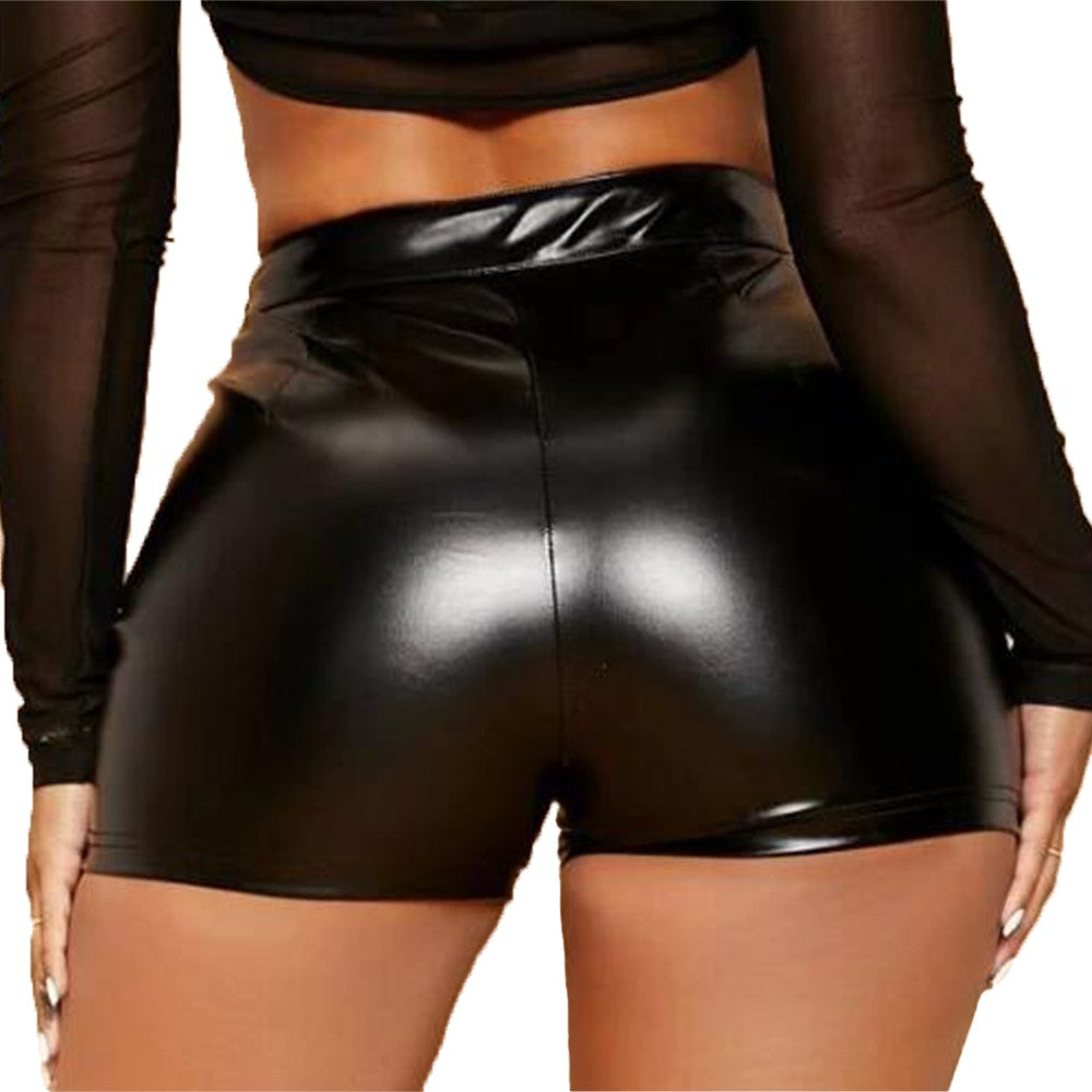 Sexy Women Oily Shiny Faux Leather Shorts Tight Black Pants Seductive Nightclub Party Wear High Waist Mini Shorts Costumes 2025