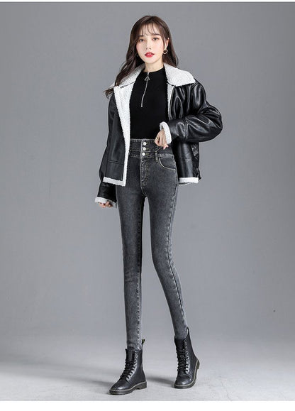 High Waist Slim Fit Fleece Lined Thickened Pencil Long Jeans Women's Autumn Winter New Style Fashionable And Elegant