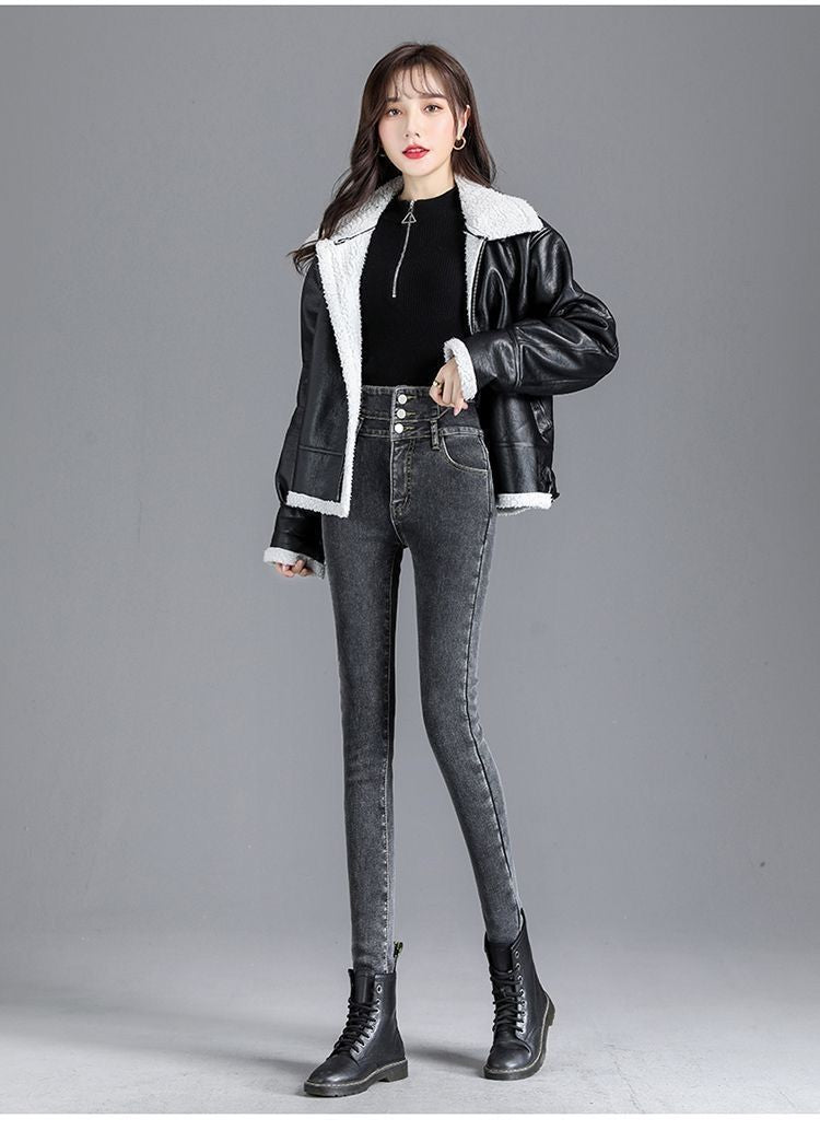 High Waist Slim Fit Fleece Lined Thickened Pencil Long Jeans Women's Autumn Winter New Style Fashionable And Elegant