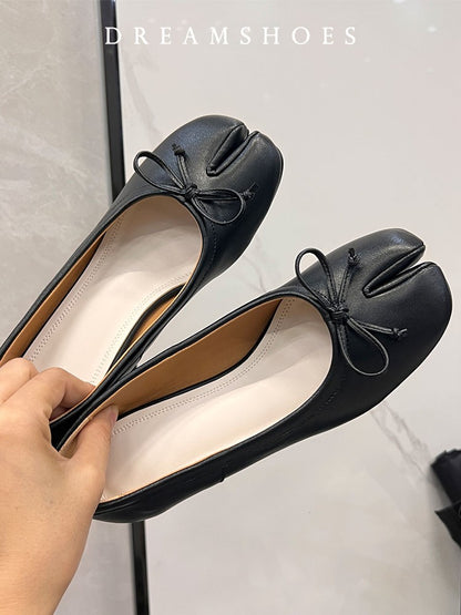 Spring Women Flat Split Toe Shoes with Bow Soft Leather Bow Tie Front Shallow Slip On  Girls Tabi Shoes Flats Ballet Shoes